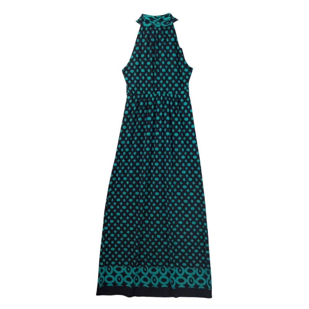 Saint Tropez West Womens Size 8 Teal Black Geometric Polka Dot Halter Maxi Dress - Picture 5 of 11